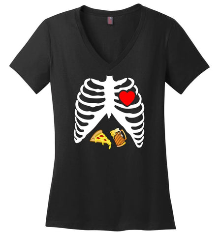 Halloween Skeleton Maternity Pizza & Beer Ladies V-Neck - Black / M