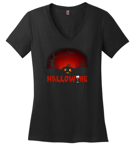 Hallowine T shirt Funny Scary Cool Halloween Costume - District Made Ladies Perfect Weight V-Neck - Black / M