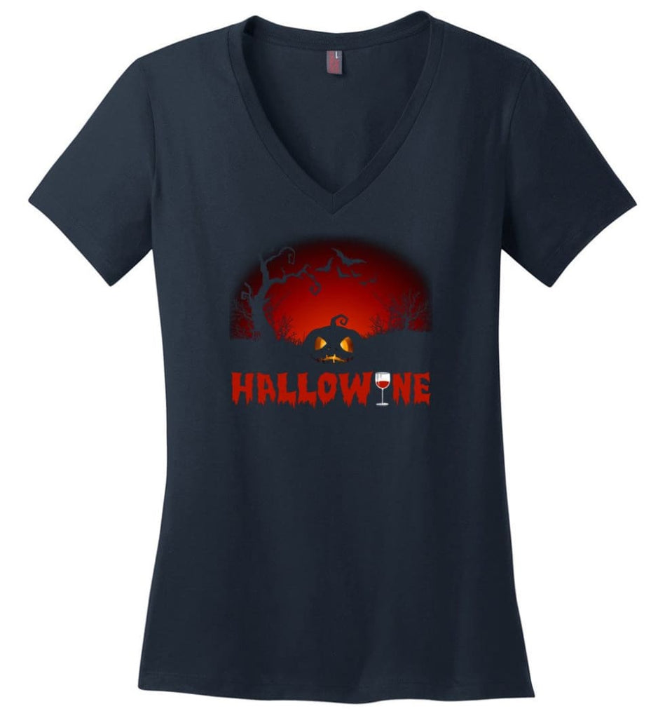 Hallowine T shirt Funny Scary Cool Halloween Costume - District Made Ladies Perfect Weight V-Neck - Navy / M
