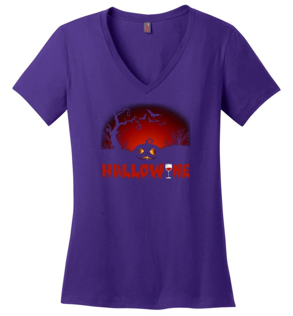 Hallowine T shirt Funny Scary Cool Halloween Costume - District Made Ladies Perfect Weight V-Neck - Purple / M