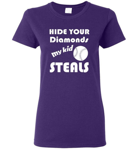 Hide Your Diamonds My Kid Steals Funny Softball Baseball Player Mom Shirt Women Tee - Purple / M