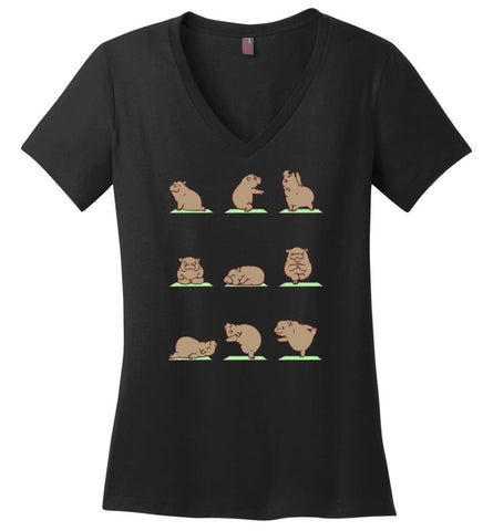 Hippie Yoga Shirt Funny Hippo Yoga Pose Downward Yoga Hippopotamus Class - Ladies V-Neck - Black / M