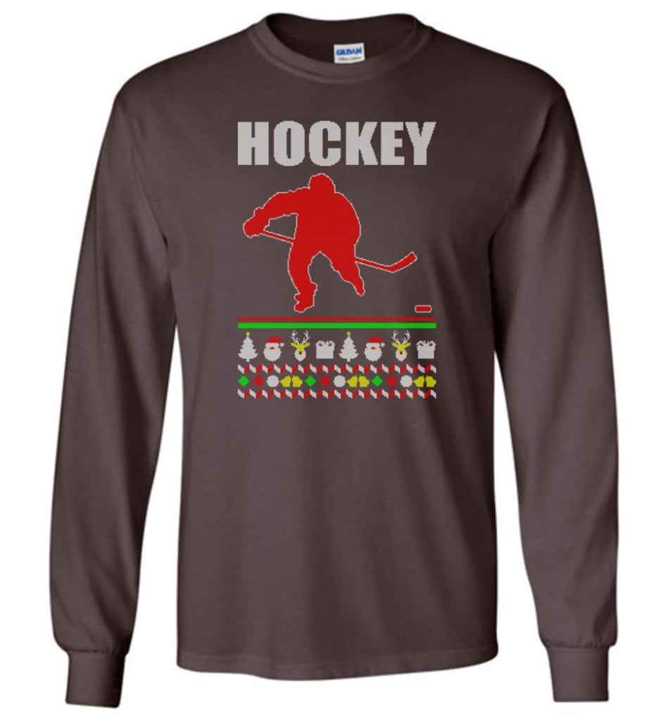Hockey Ugly Christmas Sweater - Long Sleeve T-Shirt - Dark Chocolate / M
