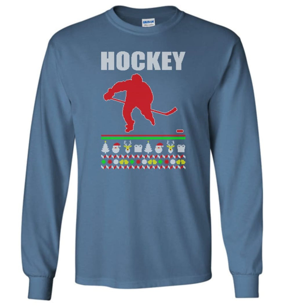 Hockey Ugly Christmas Sweater - Long Sleeve T-Shirt - Indigo Blue / M