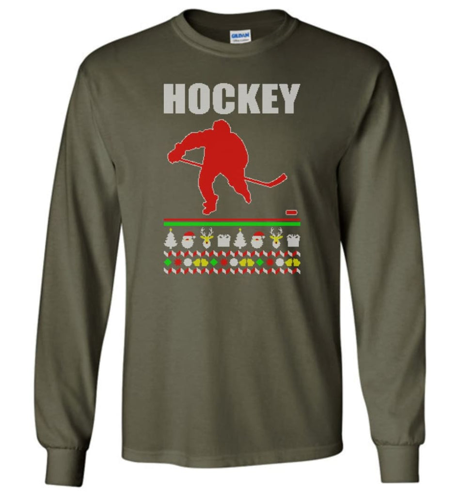 Hockey Ugly Christmas Sweater - Long Sleeve T-Shirt - Military Green / M