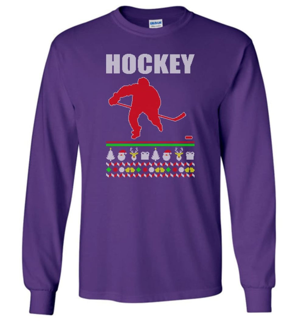 Hockey Ugly Christmas Sweater - Long Sleeve T-Shirt - Purple / M