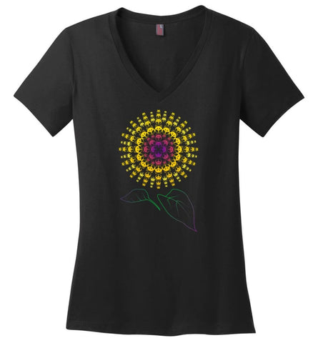 Husky Sunflower Dog with a decor Sunflower print - Ladies V-Neck - Black / M - Ladies V-Neck