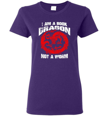 I Am A Book Dragon Not A worm bookworm Love reading Shirt Women Tee - Purple / M