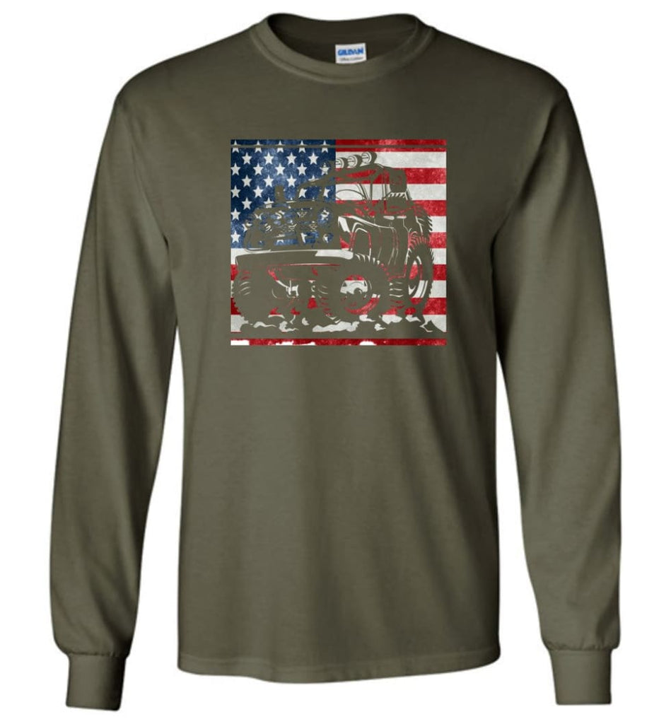 Jeep American Flag Shirt Vintage Jeep Hooded Sweatshirt jeep Christmas Long Sleeve T-Shirt - Military Green / M