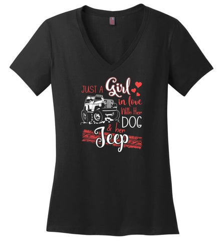 Jeep Dog Shirt Just A Girl In Love With Jeep And Her Dog Ladies V-Neck - Black / M