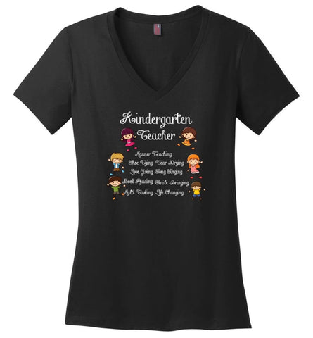 Kindergarten Teacher Funny Shirt Manner Teaching Love Giving Ladies V Neck - Black / M - womens apparel