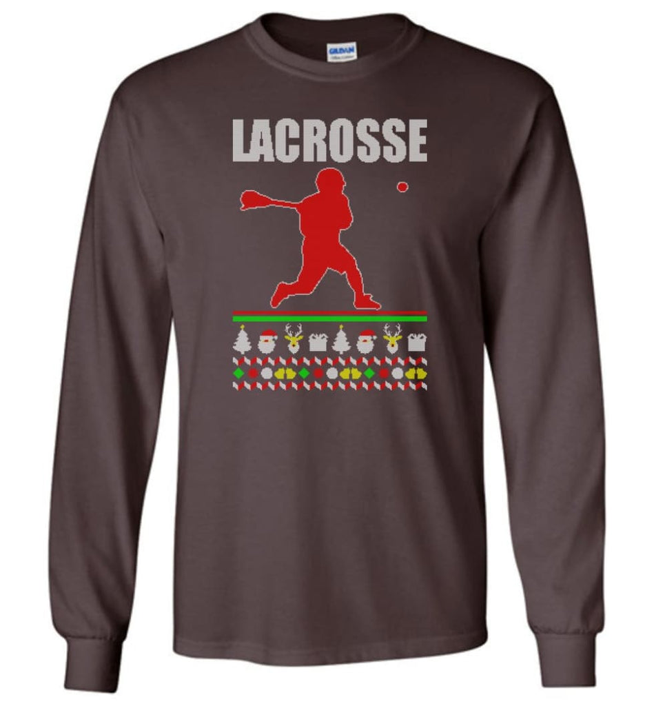Lacrosse Ugly Christmas Sweater - Long Sleeve T-Shirt - Dark Chocolate / M