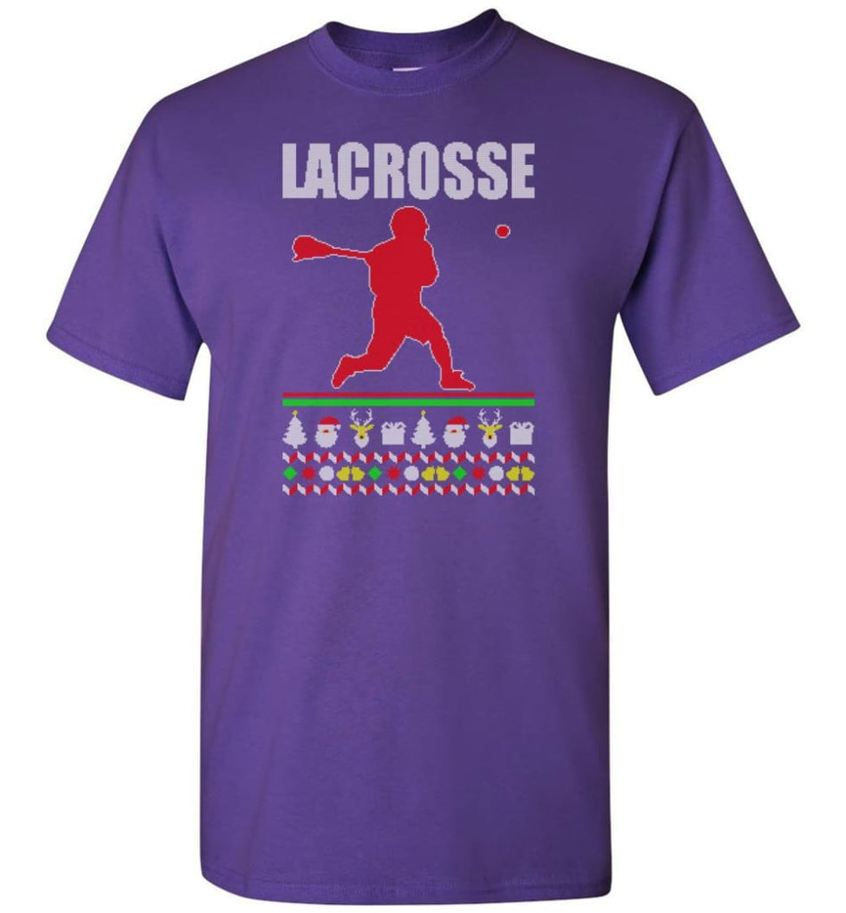 Lacrosse Ugly Christmas Sweater - Short Sleeve T-Shirt - Purple / S