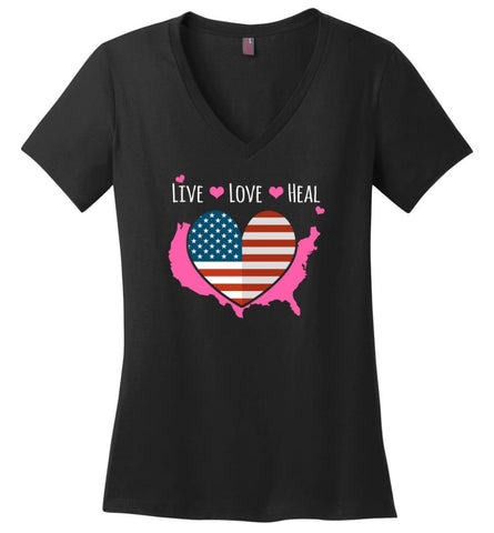 Live Love Heal Nurse Beautiful Heart American Flag Nursing Ladies V Neck - Black / M - womens apparel