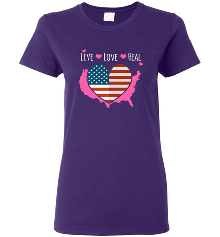 Live Love Heal Nurse Beautiful Heart American Flag Nursing Women Tee - Purple / M