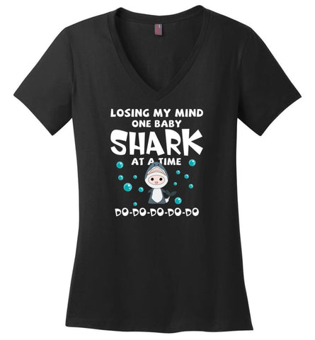 Losing My Mind One Baby Shark At A Time Doo Doo Doo - Ladies V-Neck - Black / M - Ladies V-Neck