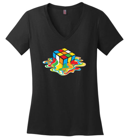 Melting Cube Shirt Rubiks Cube Shirt Rubiks Cube Melting - Ladies V-Neck - Black / M