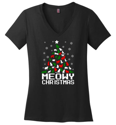 Meowy Christmas Sweater Cat Ugly Christmas Sweater Have A Meowy Catmas - Ladies V-Neck - Black / M