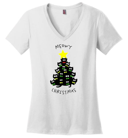 Meowy Christmas Sweatshirt Merry Meowy Xmas Gift for Cat Lovers - Ladies V-Neck - White / M
