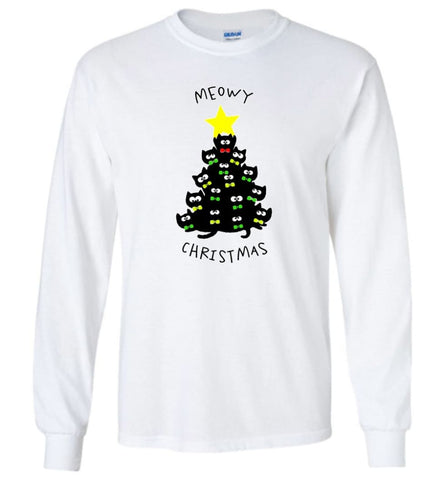 Meowy Christmas Sweatshirt Merry Meowy Xmas Gift for Cat Lovers - Long Sleeve T-Shirt - White / M