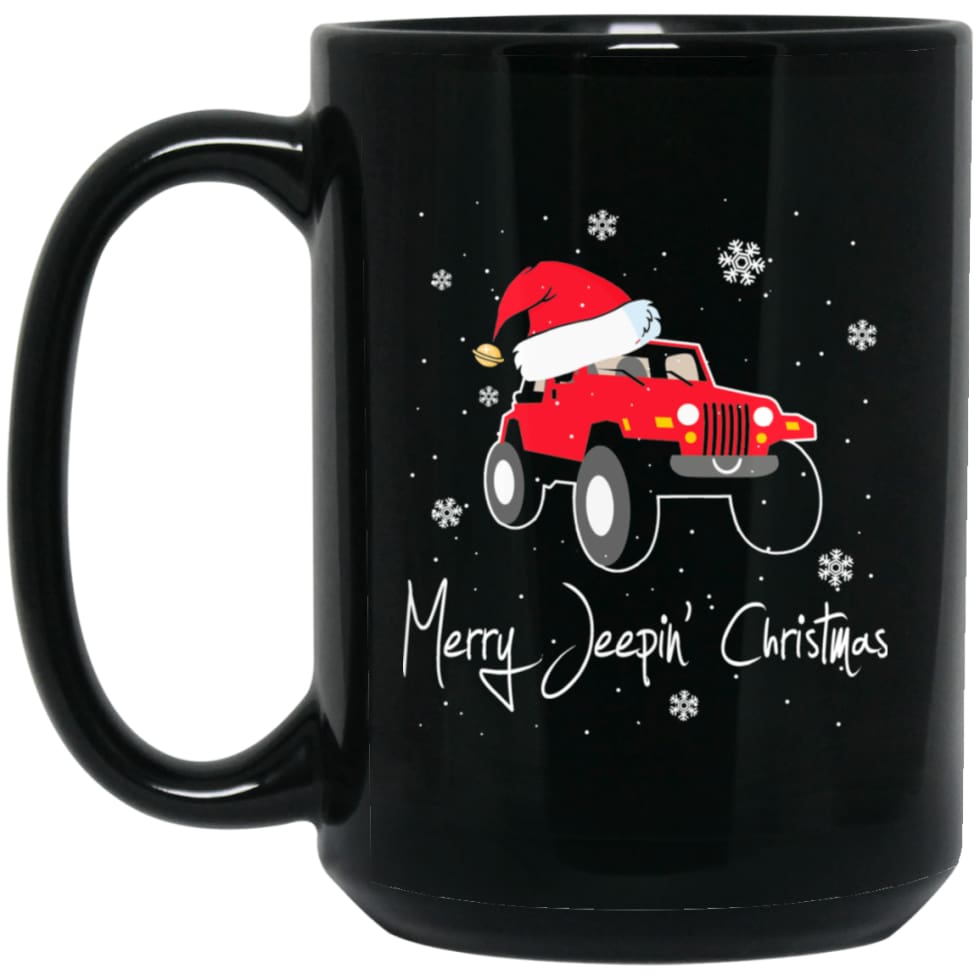 Merry Jeepin Christmas 15 oz Black Mug - Black / One Size - Drinkware