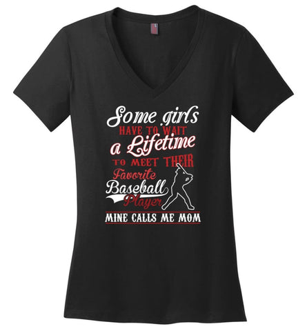 My favorite baseball player calls me mom girls baseball shirt Ladies V-Neck - Black / M - womens apparel