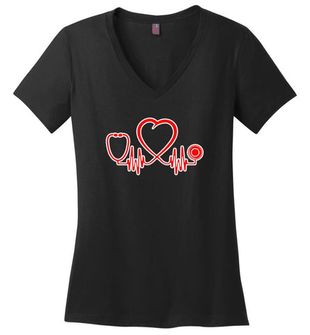 Nurse Heartbeat Heart Beat Shirt Gift For Nurses Proud Rn Nurse Love Being Nurse Ladies V Neck - Black / M - womens 