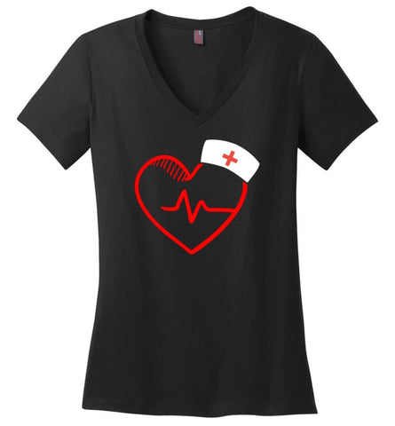 Nursing Gift Graphic Shirt Nurse Heartbeat Love Ladies V Neck - Black / M - womens apparel