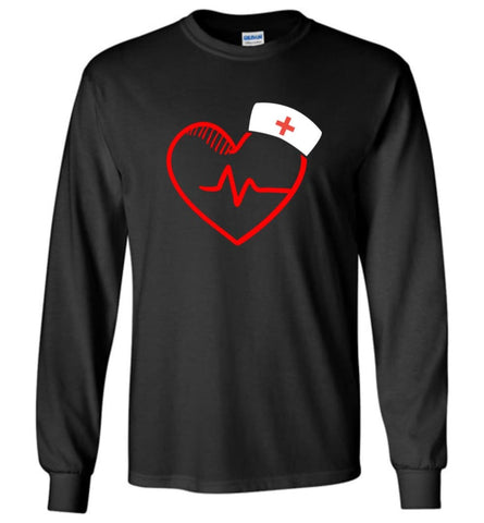 Nursing Gift Graphic Shirt Nurse Heartbeat Love - Long Sleeve T-Shirt - Black / M