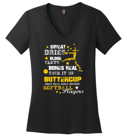 Only Real Girls Become Softball Players Ladies V-Neck - Black / M - womens apparel