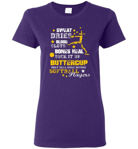 Only Real Girls Become Softball Players Women Tee - Purple / M