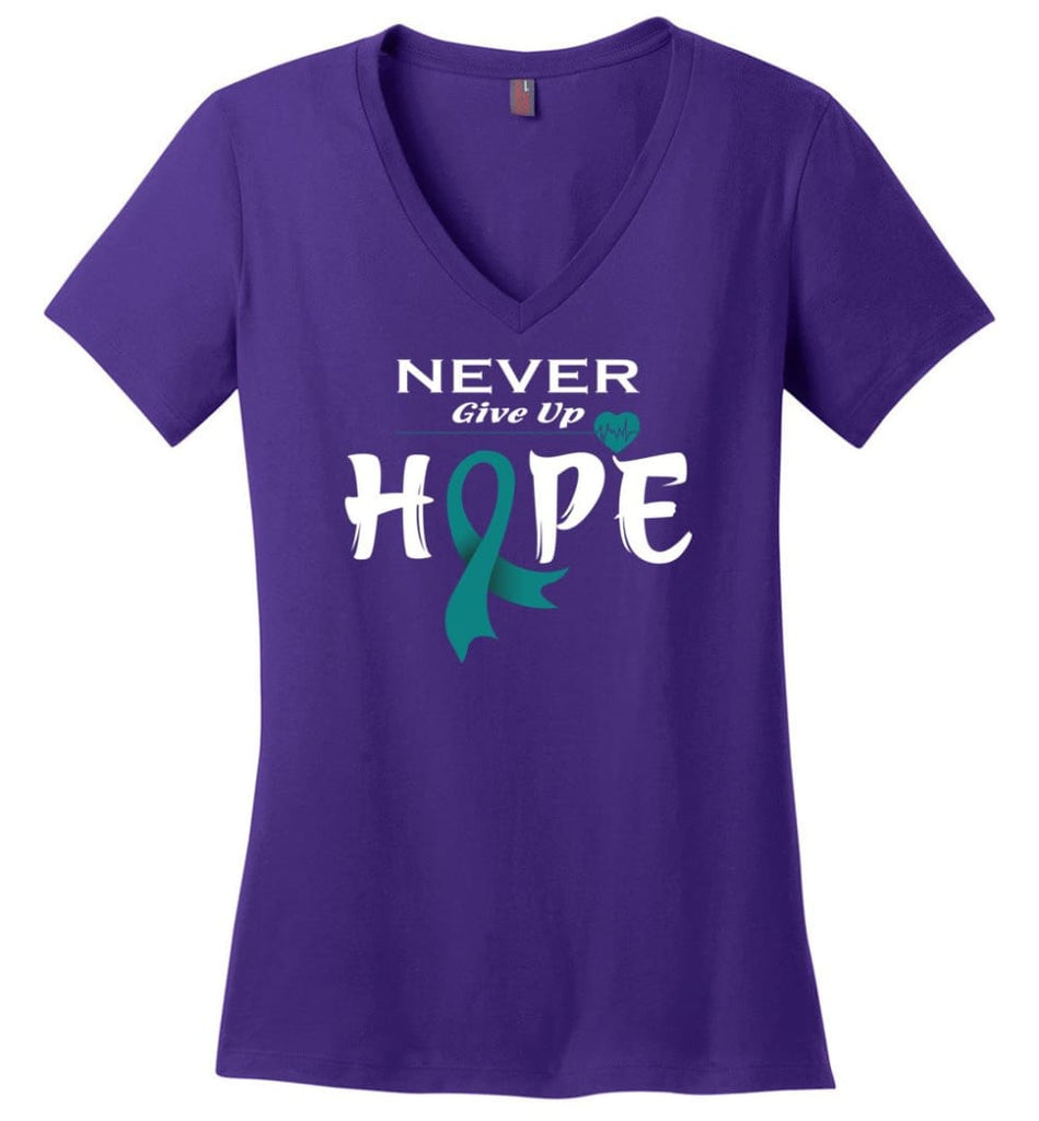 Ovarian Cancer Awareness Never Give Up Hope Ladies V-Neck - Purple / M