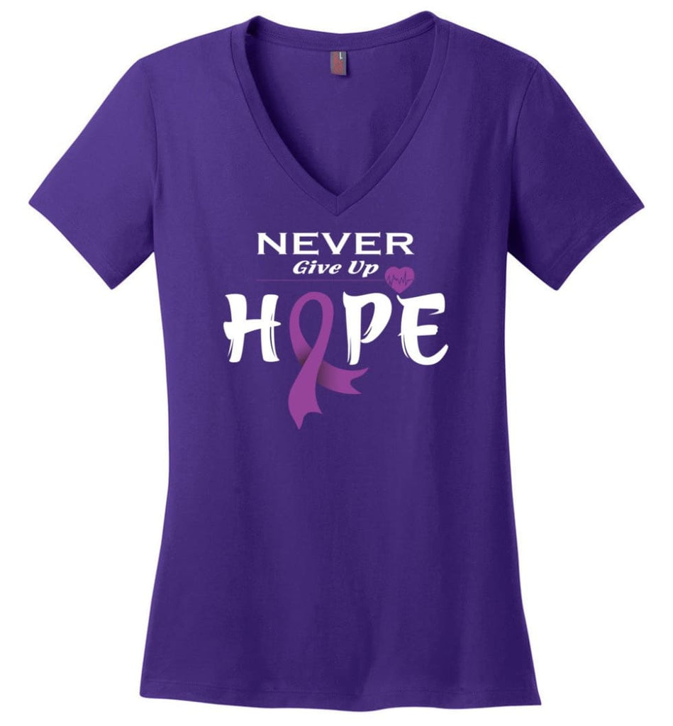 Pancreatic Cancer Awareness Never Give Up Hope Ladies V-Neck - Purple / M