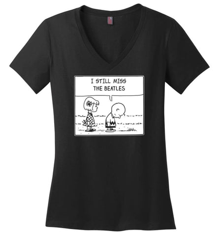 Peanuts Beatles T Shirt Charlie Brown I Still Miss The Beatles - Ladies V-Neck - Black / M