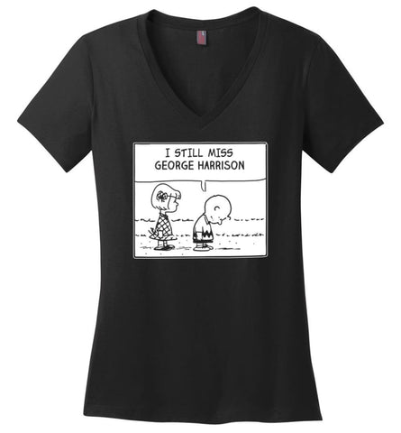 Peanuts George Harrison T Shirt Charlie Brown I Still Miss George Harrison Ladies V-Neck - Black / M