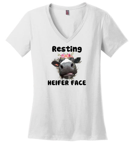 Resting Heifer Face - Ladies V-Neck - White / M - Ladies V-Neck