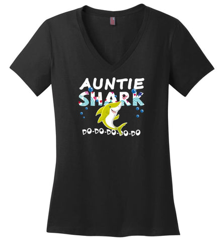 Shark Family Auntie Shark T Shirt Doo Doo Doo - Ladies V-Neck - Black / M - Ladies V-Neck