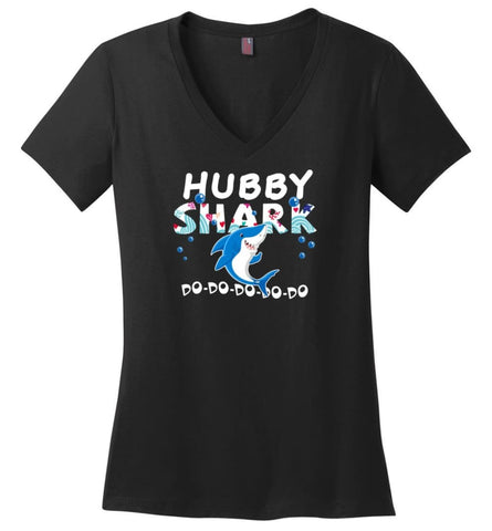 Shark Family Hubby Shark T Shirt Doo Doo Doo - Ladies V-Neck - Black / M - Ladies V-Neck