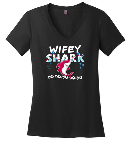 Shark Family Wifey Shark T Shirt Doo Doo Doo - Ladies V-Neck - Black / M - Ladies V-Neck