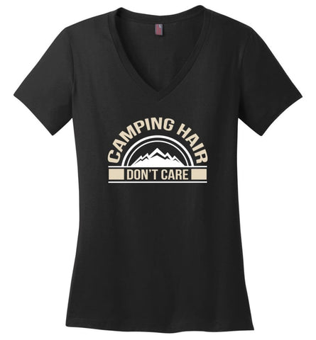 Shirt for Campers Funny Camping Hair Dont Care Ladies V-Neck - Black / M - womens apparel