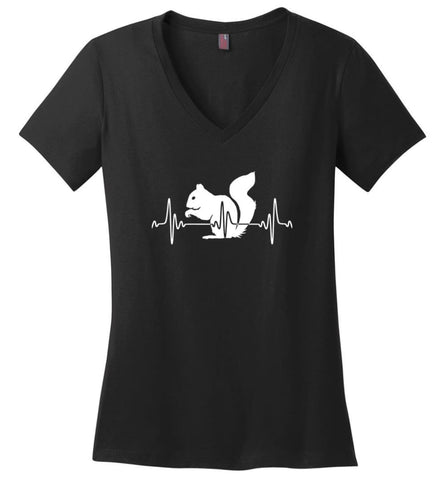 Squirrel Heartbeat Gift Shirt For Squirrel Owner Lover Ladies V-Neck - Black / M