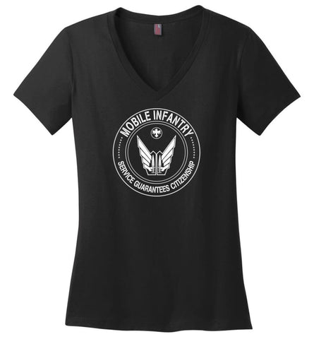 Starship Troopers Movie T Shirt Mobile Infantry Service Guarantees Citizenship - Ladies V-Neck - Black / M