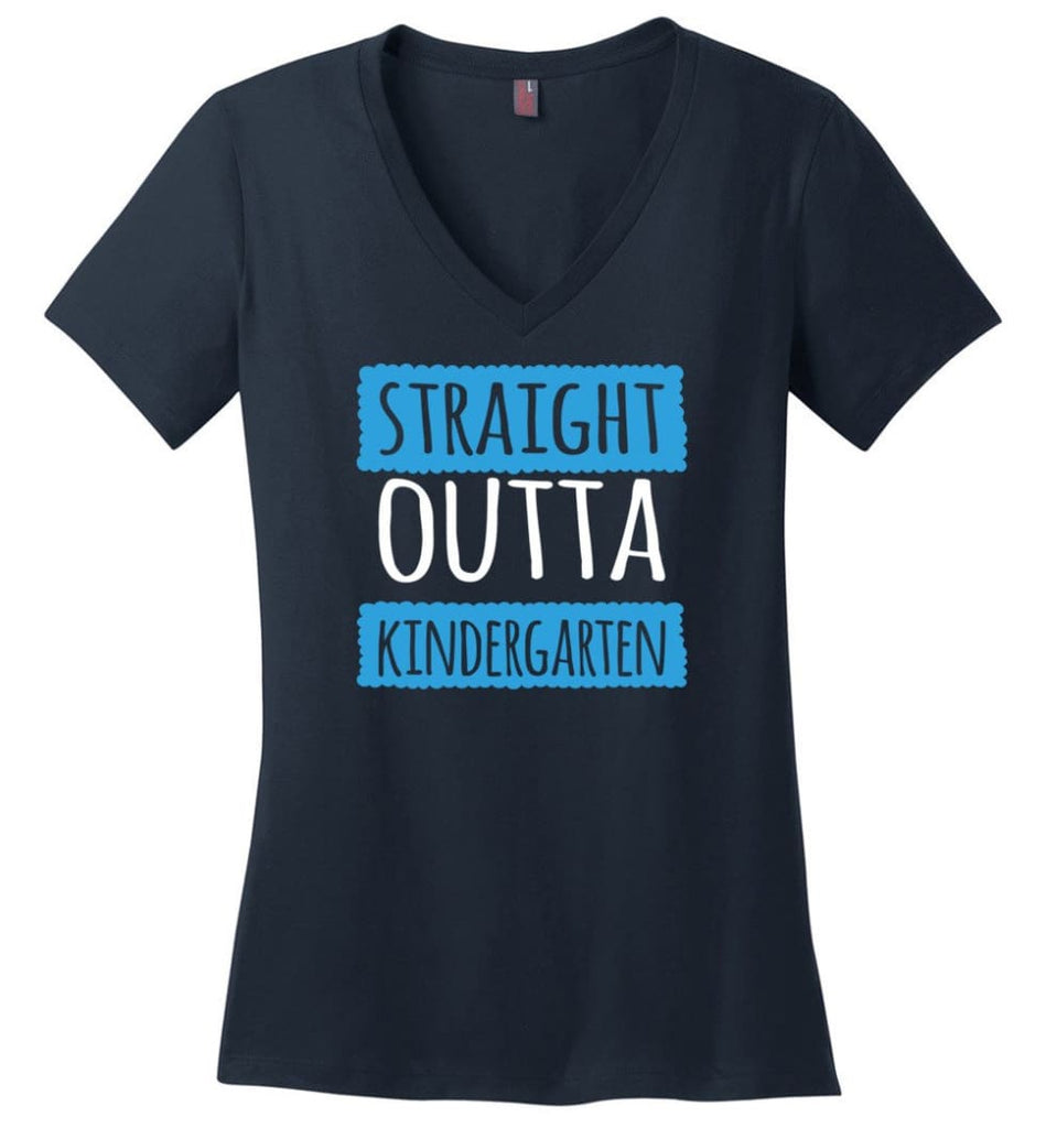 Straight Outta Kindergarten Funny Shirt Vintage Kids Graduation Ladies V Neck - Navy / M - womens apparel