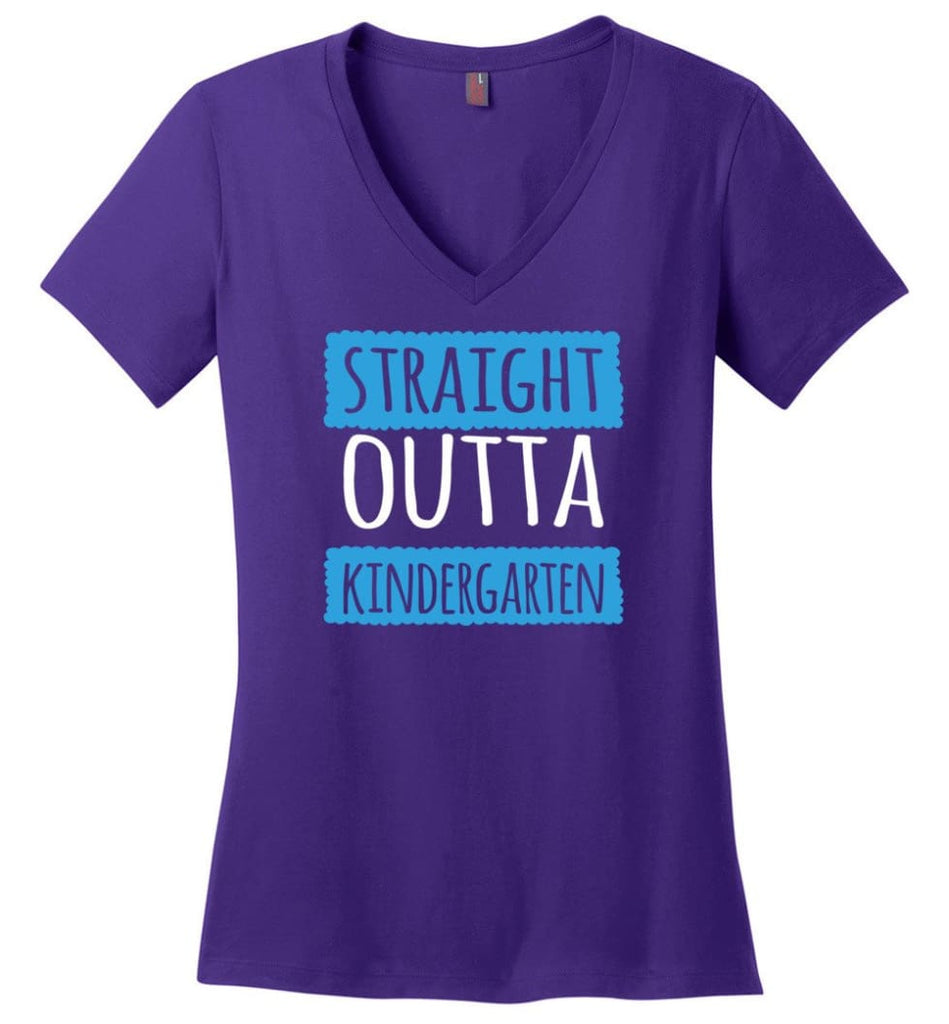 Straight Outta Kindergarten Funny Shirt Vintage Kids Graduation Ladies V Neck - Purple / M - womens apparel