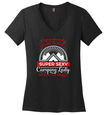 Super Sexy Camping Ladies Camper Girls Shirt Ladies V-Neck - Black / M - womens apparel