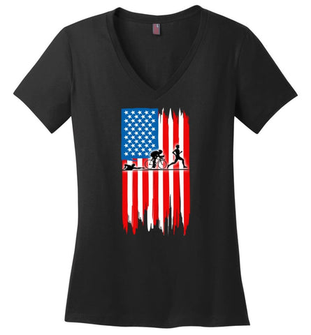 Swimming With American Flag Ladies V-Neck - Black / M