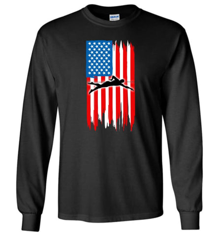 Swimming With American Flag - Long Sleeve T-Shirt - Black / M