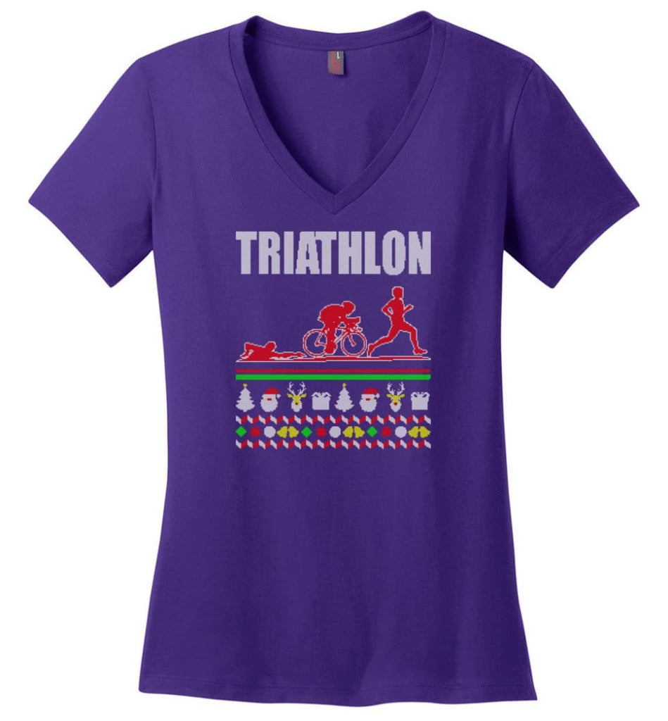 Table Tennis Ugly Christmas Sweater Ladies V-Neck - Purple / M