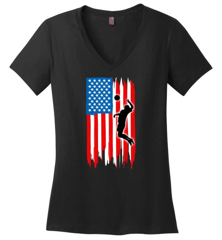 Table Tennis With American Flag Ladies V-Neck - Black / M