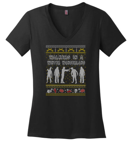 The Walking Dead Ugly Christmas Sweatshirt Sweater Hoodie TWD Zombie Grr Argh - Ladies V-Neck - Black / M